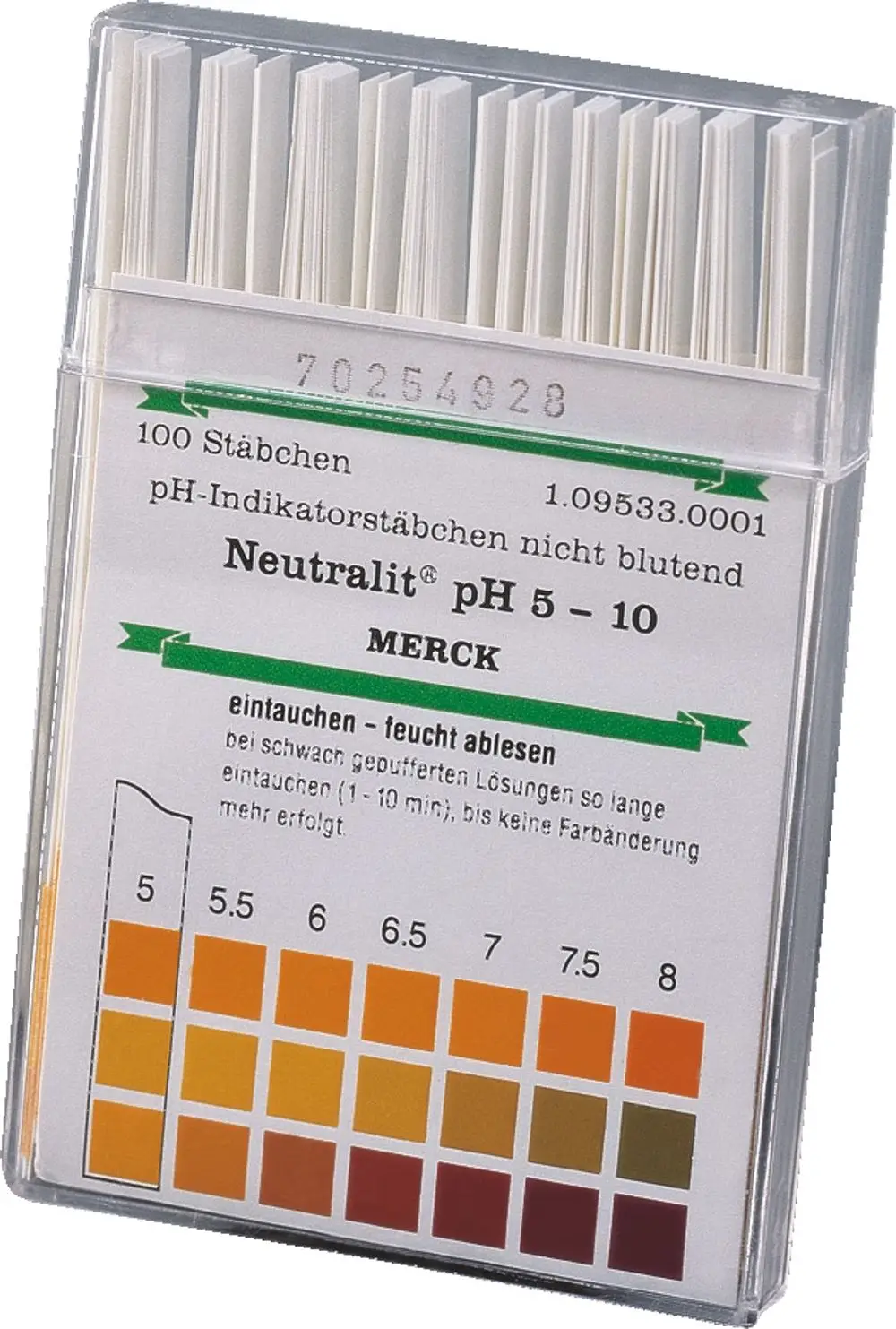 Ph-Indikatorstäbchen in einer durchsichtigen Verpackung, Markenlogo von Bosch gut sichtbar. Stäbchen zur pH-Wert-Messung, Farbkarte von pH 5 bis 10 auf der Vorderseite.